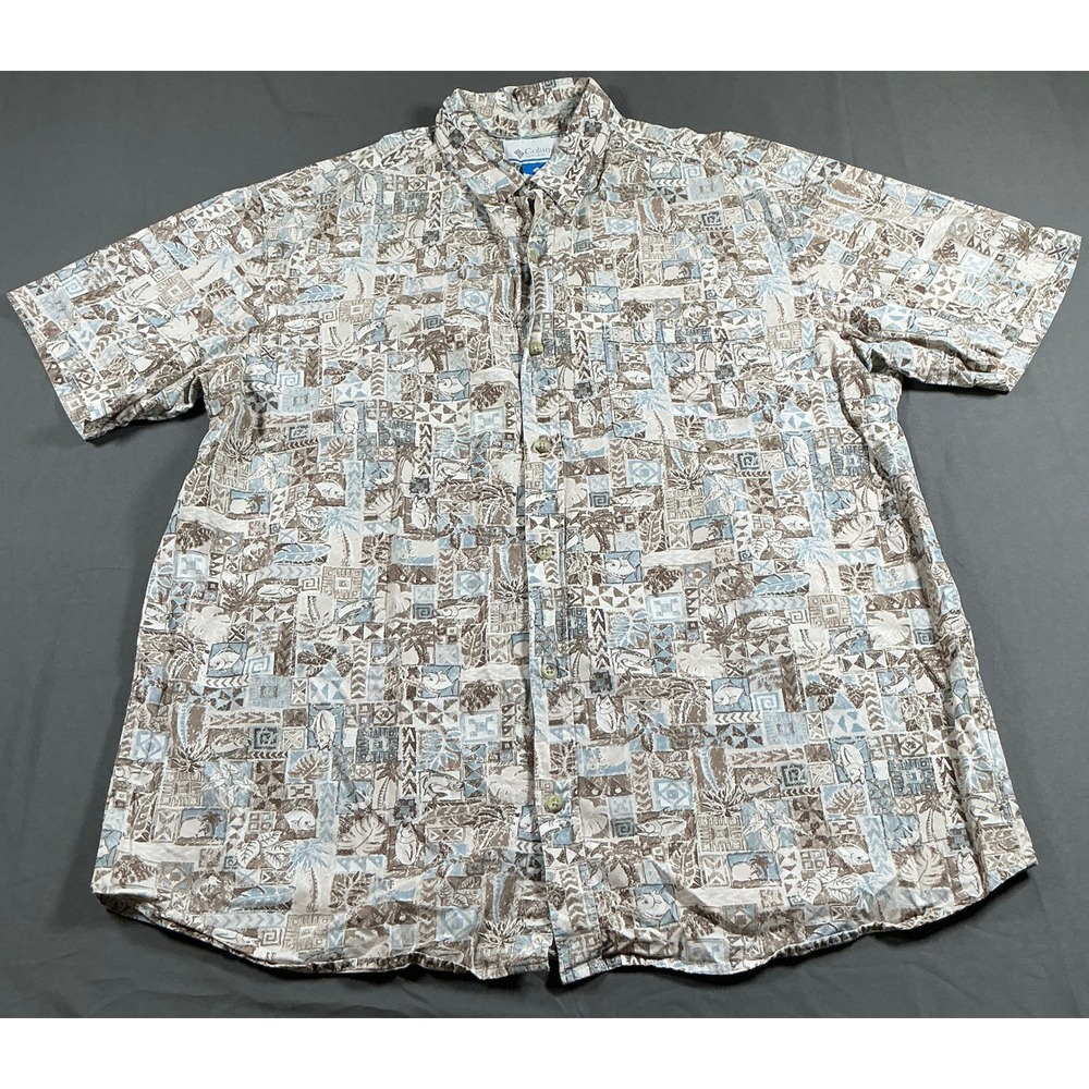 Columbia Sportswear Mens XL Tribal Fish Palm Print Button Down Shirt AM7608